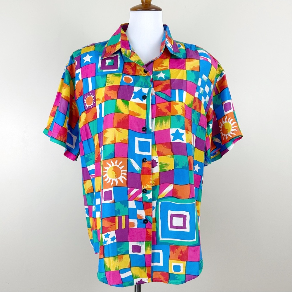 Vintage Jonathon Martin Silk Short Sleeve Top Small Button Down Abstract Motif